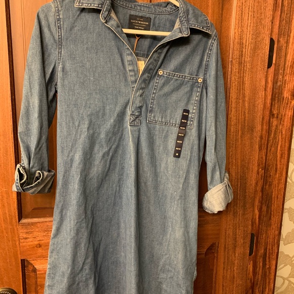 Lucky denim dirt dress with uneven, frayed hem. - Picture 2 of 4